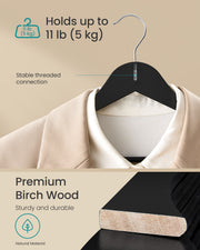 Pack of 20 Black Wooden Hangers with Trouser Bar and 360 Degree Swivel Hooks by Songmics