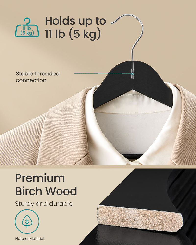 Pack of 20 Black Wooden Hangers with Trouser Bar and 360 Degree Swivel Hooks by Songmics