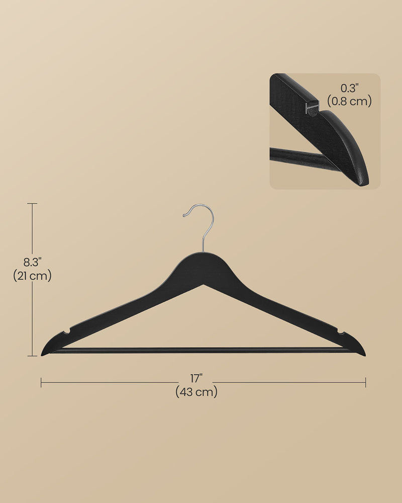 Pack of 20 Black Wooden Hangers with Trouser Bar and 360 Degree Swivel Hooks by Songmics