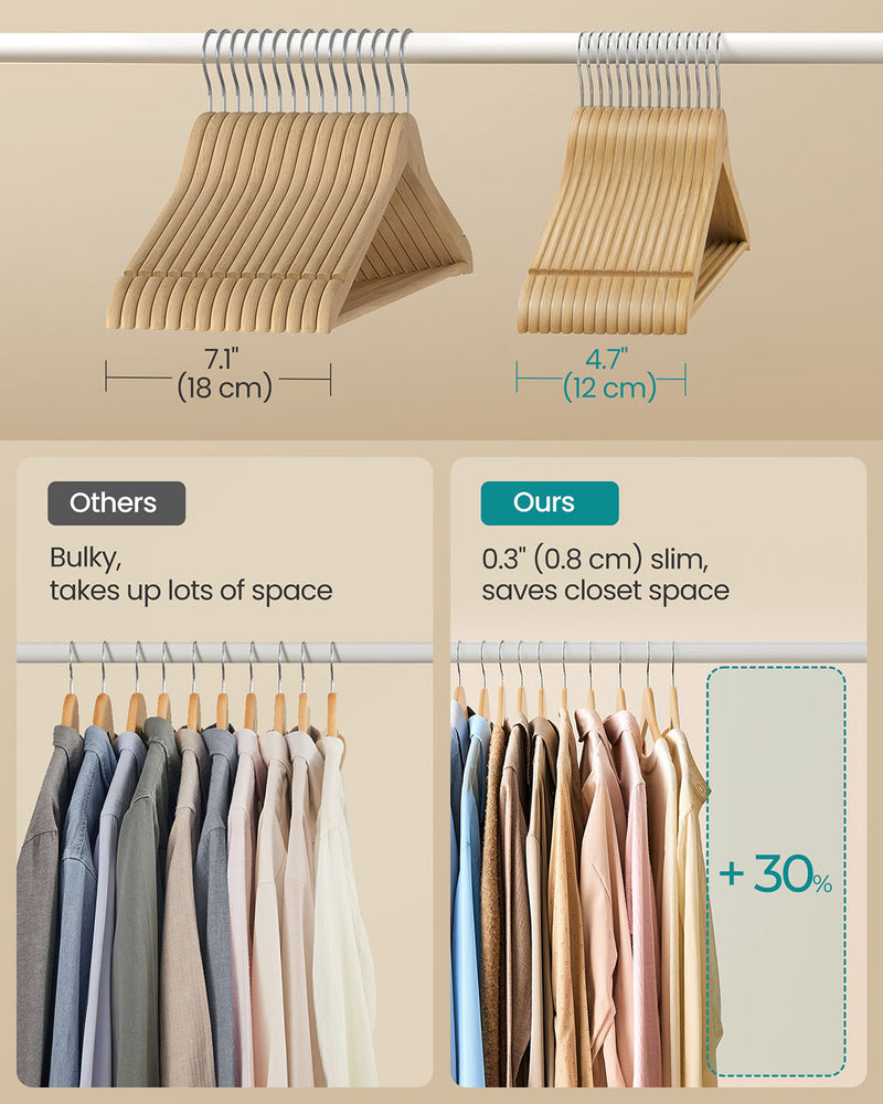 Natural Wooden Hangers Pack of 20 with Trouser Bar and 360 Degree Swivel Hooks by Songmics