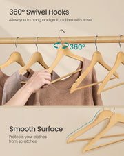 Natural Wooden Hangers Pack of 20 with Trouser Bar and 360 Degree Swivel Hooks by Songmics