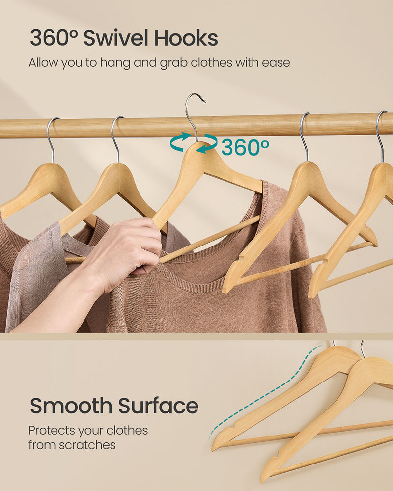 Natural Wooden Hangers Pack of 20 with Trouser Bar and 360 Degree Swivel Hooks by Songmics
