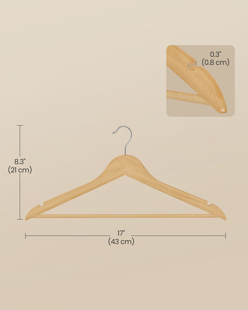 Natural Wooden Hangers Pack of 20 with Trouser Bar and 360 Degree Swivel Hooks by Songmics