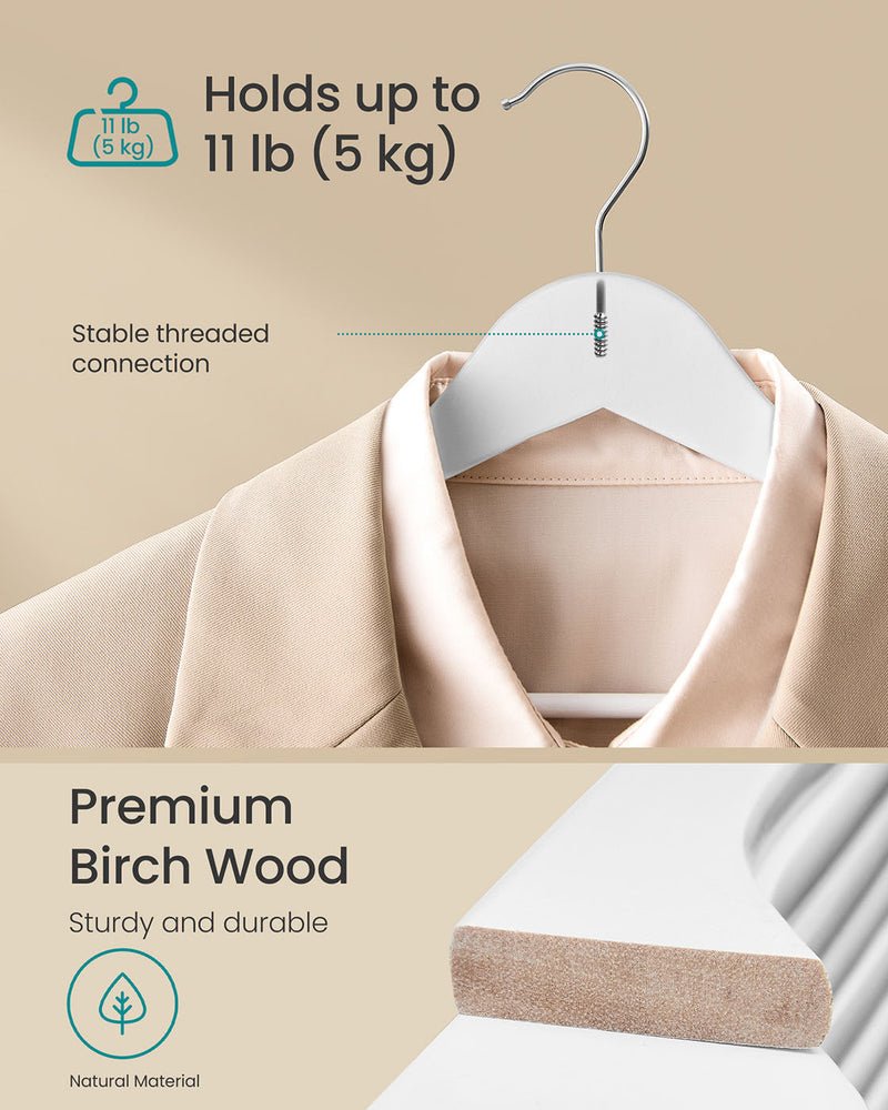 Cloud White Wooden Hangers Pack of 20 with Trousers Bar and 360 Degree Swivel Hooks by Songmics