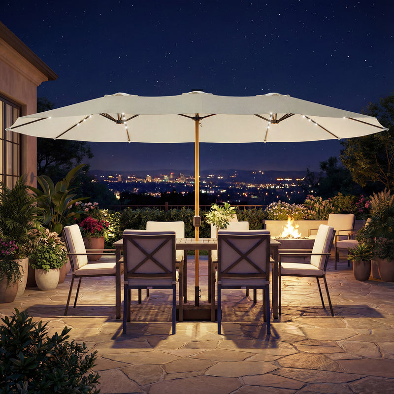 Double Garden Parasol with Lights Extra-Large Double Canopy for Garden Gatherings, Cream White