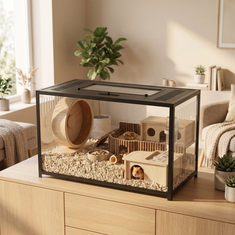 Hamster Cage With Deep Base for Digging and Easy Cleaning Black Transparent