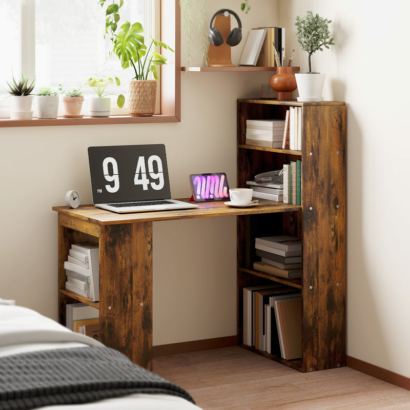 120cm Wooden Computer Desk with 6 Tier Shelves for Home Office or Study, Rustic Brown