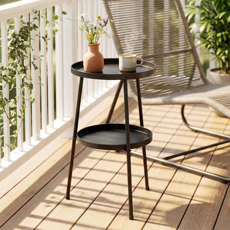 Small Two Tier Garden Side Table for Balconies and Patios with Adjustable Feet Black Outsunny