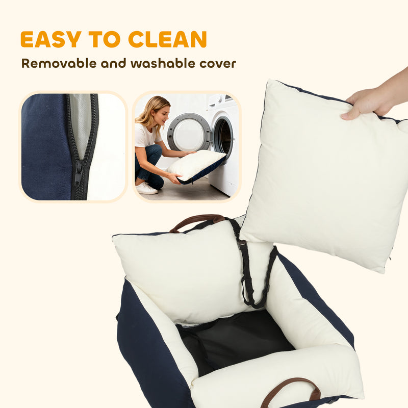 Small Dog Car Booster Seat with Safety Belts Ideal for Travel and Comfort Navy Blue AOSOM