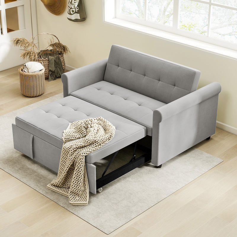 Two Seater Velvet Feel Sofa Bed With Foldable Design For Guest Rooms Grey