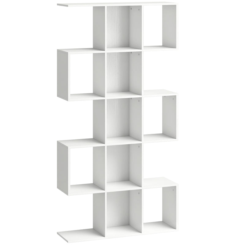 HOMCOM 5-Tier Bookshelf, S Shaped Geometric Bookcase with 15 Compartments, White Wood Effect AOSOM