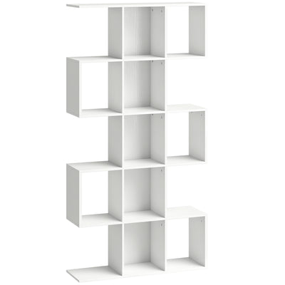 HOMCOM 5-Tier Bookshelf, S Shaped Geometric Bookcase with 15 Compartments, White Wood Effect AOSOM