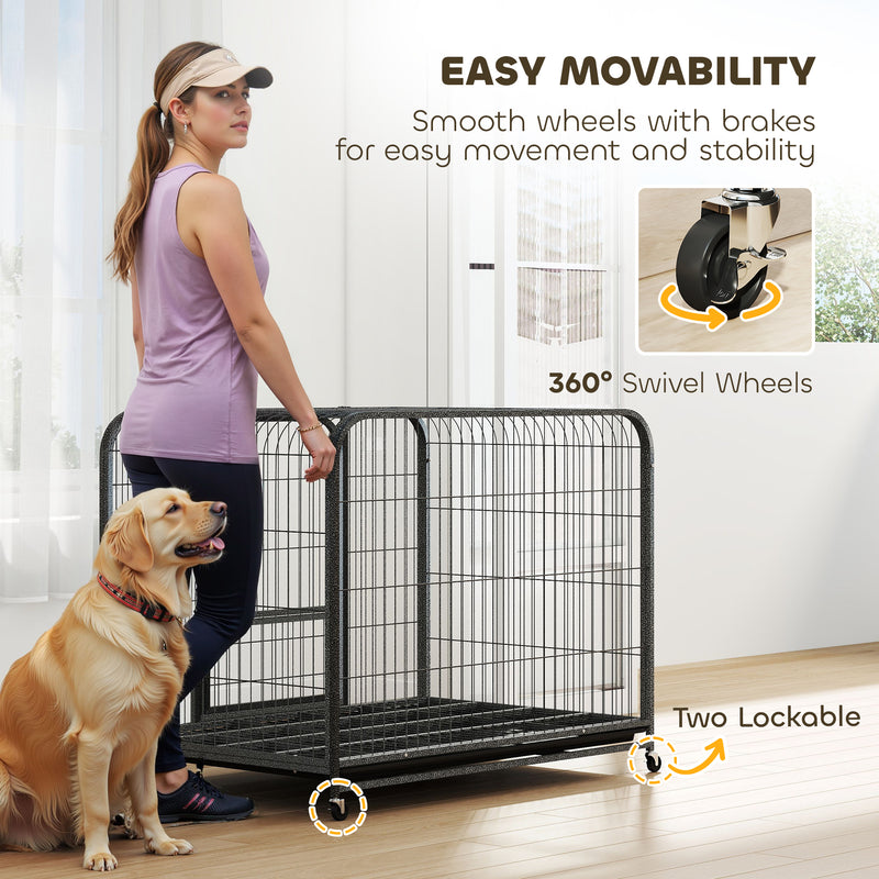 Large Dog Crate with Heavy Duty Steel Frame and Lockable Wheels for Secure Home Use Black Pawhut