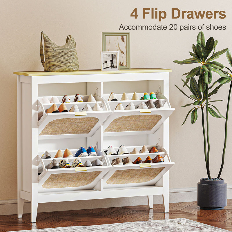 Slim Shoe Storage Cabinet for Hallway with Boho Style Rattan Doors and Oak Top Holds 20 Pairs White 105x24x95cm Homcom