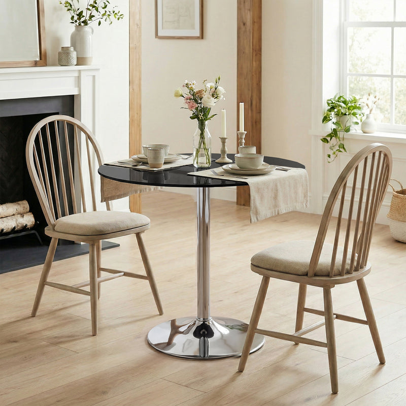 2 Seat Round Black Glass Dining Table for Small Spaces with Stable Metal Base