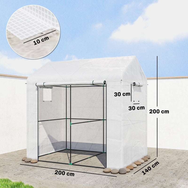 Two-Room Walk-In Greenhouse with Roll-Up Door & Mesh Windows – 140 x 200cm Outsunny