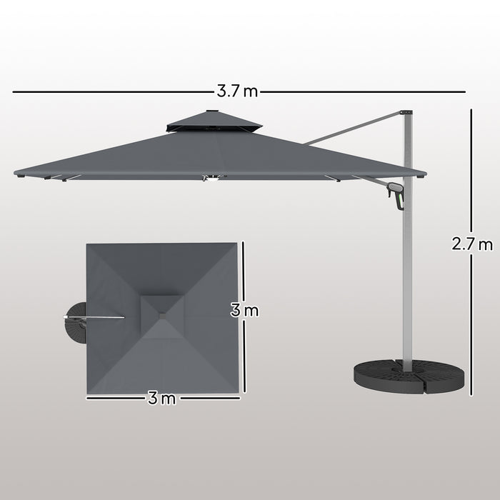 Grey 3m Garden Cantilever Parasol with Solar LED Lights and 360 Degree Rotation by Outsunny