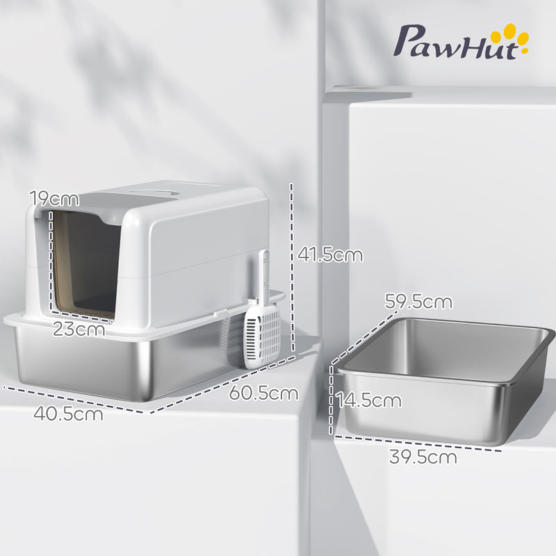 White Stainless Steel Cat Litter Box With Removable Lid Scoop and Filter Bags by PawHut