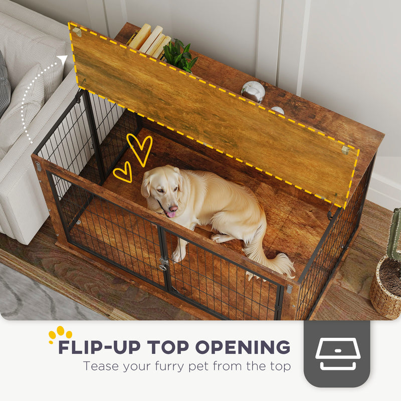 Extra Large Dog Crate Furniture with Flip-up Top and Two Doors Rustic Brown by PawHut