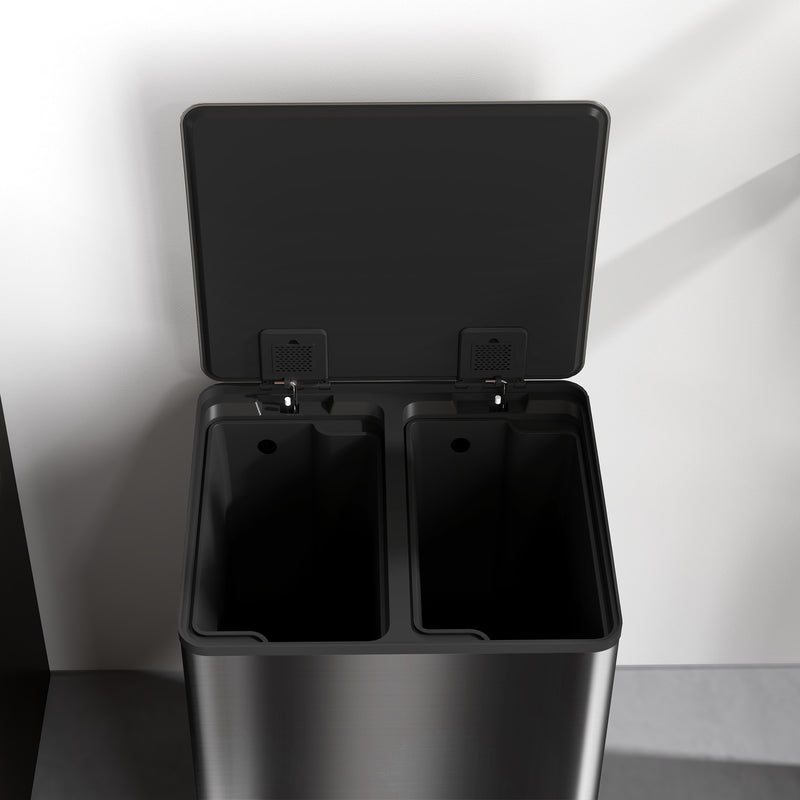 60L Dual Compartment Kitchen Recycling Bin with Deodoriser Holders Stainless Steel, Black