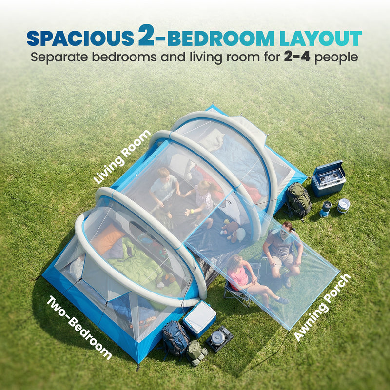 Inflatable Family Camping Tent with Quick 5 Minute Setup and Two Private Bedrooms Sky Blue