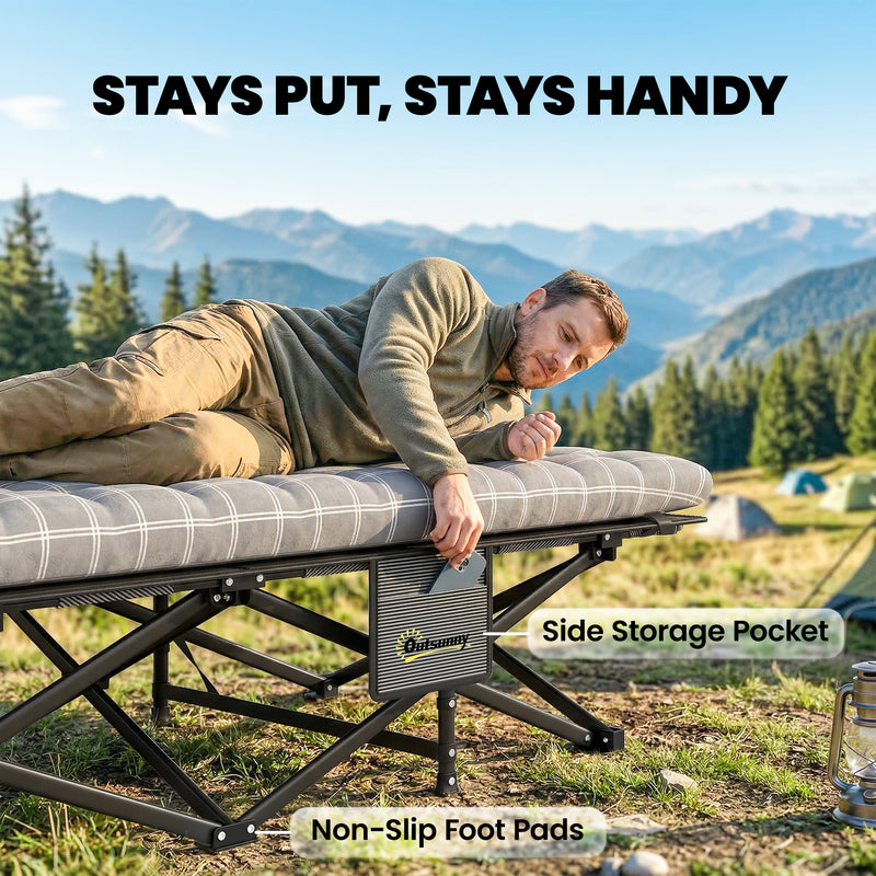 Folding Camping Bed with Extra Wide Surface and Padded Topper for Comfortable Sleep Grey