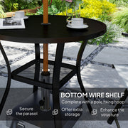 90 cm Round Steel Garden Dining Table with Parasol Hole and Shelf Black by Outsunny