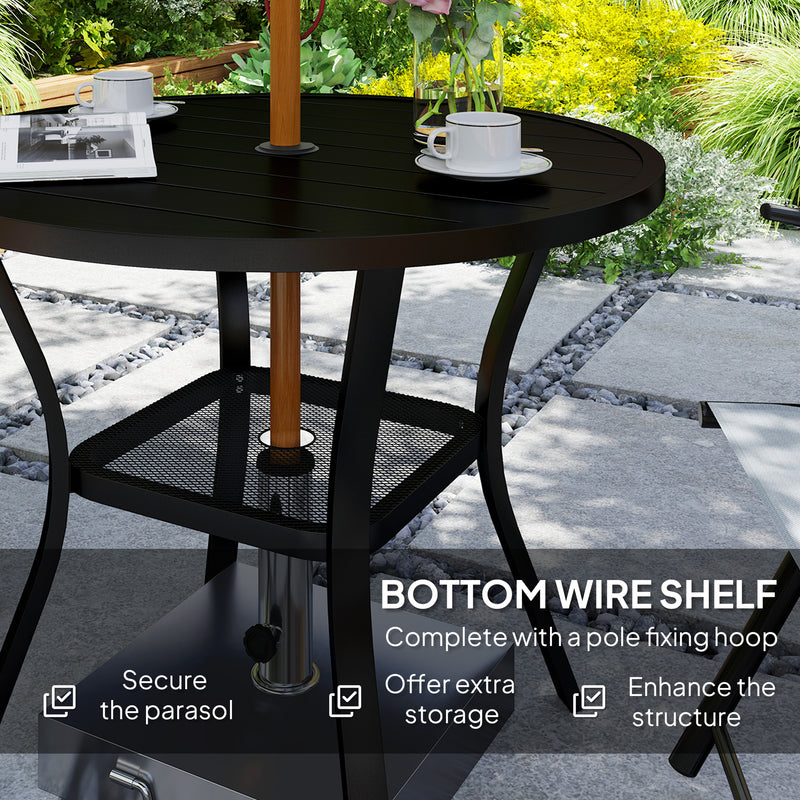 90 cm Round Steel Garden Dining Table with Parasol Hole and Shelf Black by Outsunny