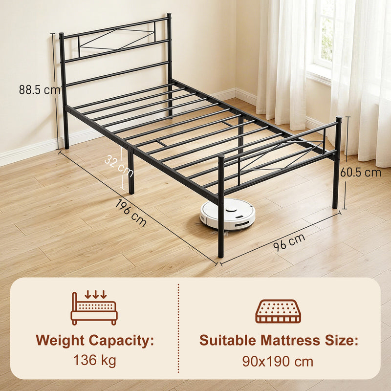 Black Metal Frame For Single Mattress, Headboard, Footboard, 21 Stone Weight Capacity