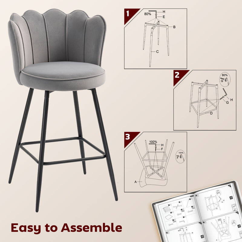 Set of 2 Velvet Bar Stools with Swivel Seats and Curved Backrest for Kitchen, Grey
