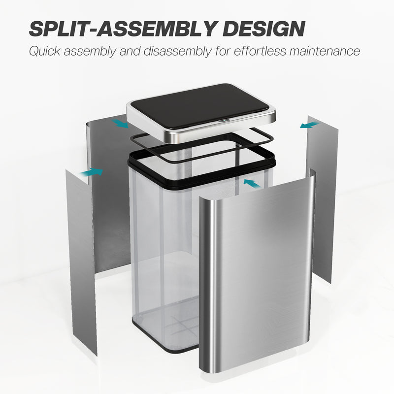 Sensor Kitchen Bin 40L Touch Free Motion Sensor Waste Disposal with Soft Close Lid Silver Homcom