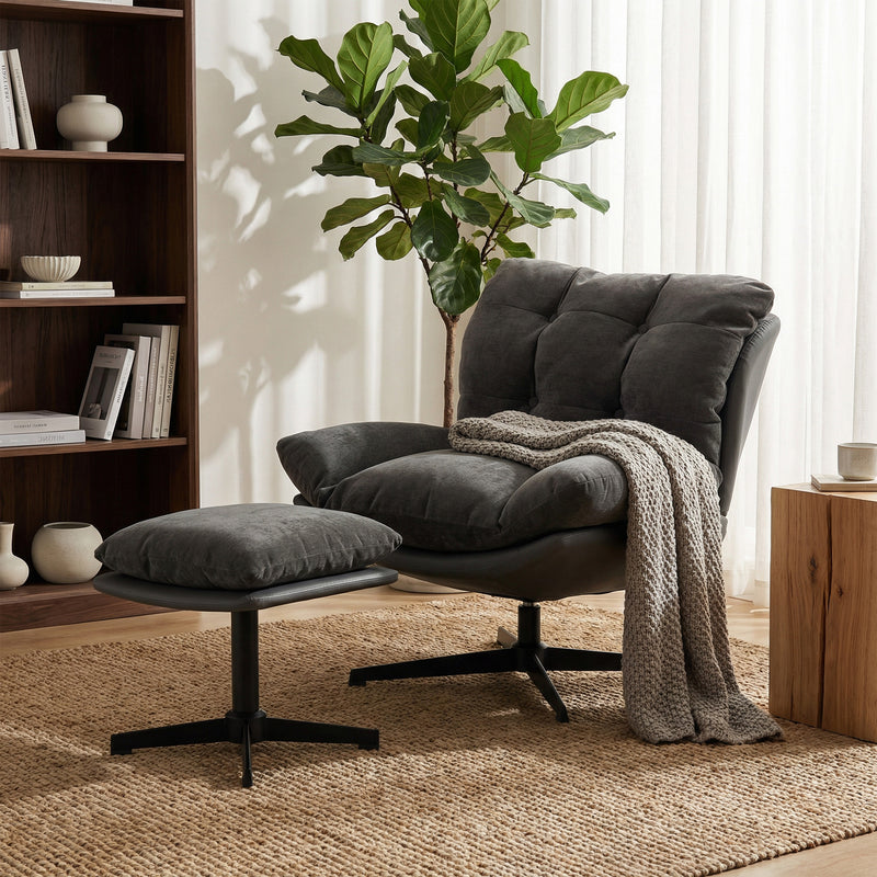 Swivel Accent Chair and Footstool Set for Relaxing in Living Room or Bedroom Dark Grey AOSOM