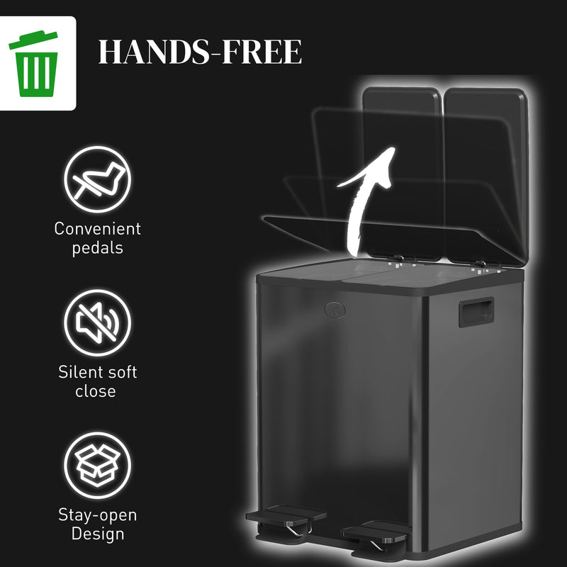 Black 40L Dual Compartment Stainless Steel Bin With Deodoriser Holders by HOMCOM