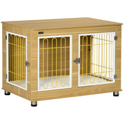 Wooden Dog Crate End Table with Double Doors and Soft Cushion for Indoor Use Oak Tone