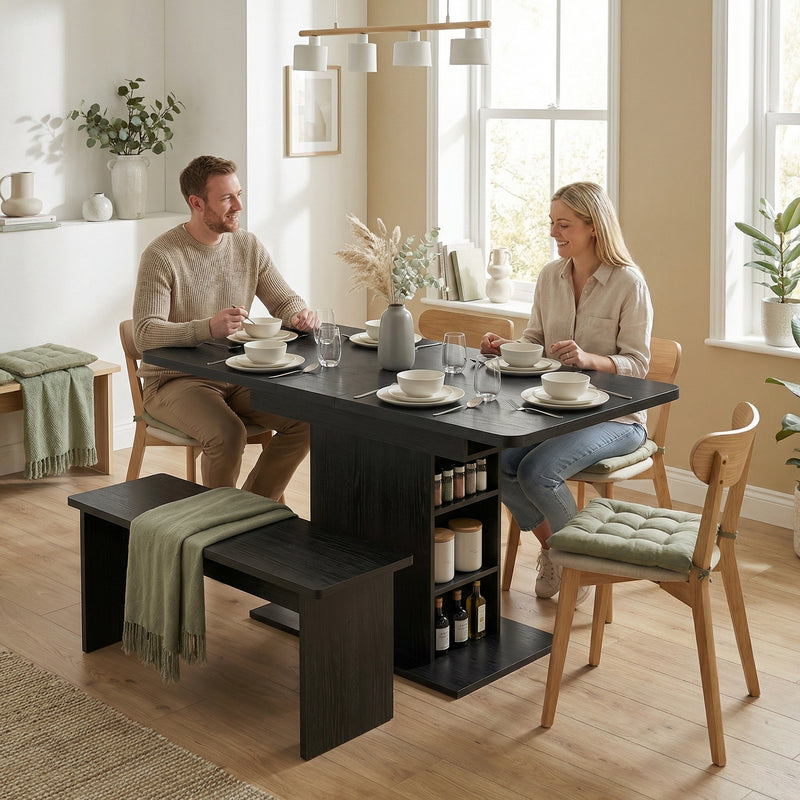 Extending Dining Table With Storage Shelves Seats 4 to 6 People Black