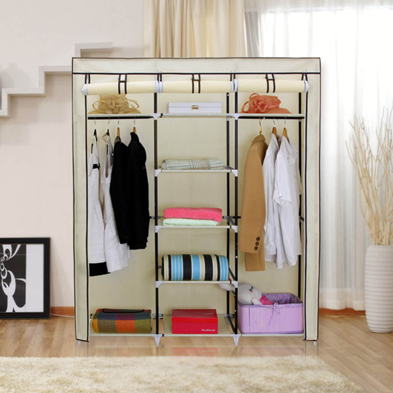 Portable Canvas Wardrobe with Hanging Rail and Storage Shelves for Bedroom by Songmics