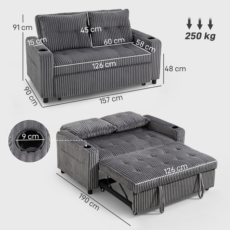 2 Seater Sofa Bed with Pull Out Design and Soft Corduroy Upholstery for Small Spaces Charcoal Grey