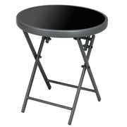 Black Round Folding Garden Table With Marble Effect Glass Top For Patio Or Balcony