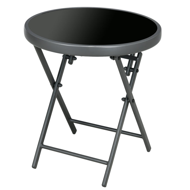 Black Round Folding Garden Table With Marble Effect Glass Top For Patio Or Balcony