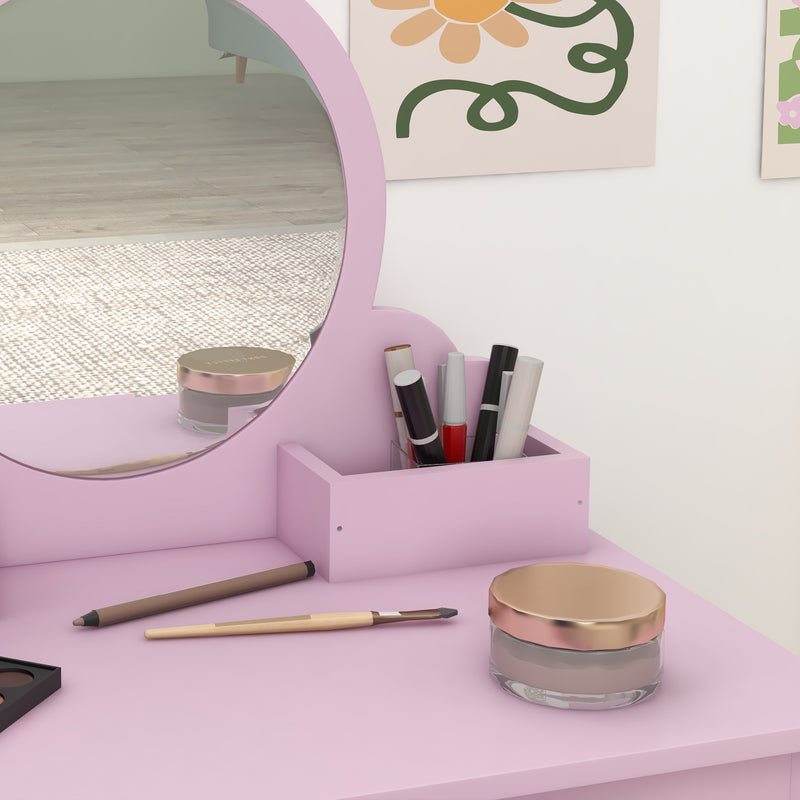 Kids Vanity Table with Mirror Stool and Storage Ideal for Ages 3 to 6 Years, Pink