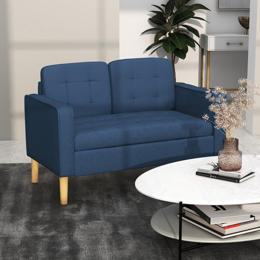 Compact 2 Seater Loveseat Sofa with Hidden Storage and Wood Legs for Small Spaces Blue