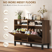 Shoe Storage Cabinet for Narrow Hallways with Flip Drawers and Open Shelves Rustic Brown AOSOM