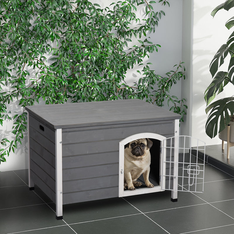 Wooden Dog House with Removable Base Wire Door and Lift-Up Roof for Small Dogs Dark Grey by PawHut