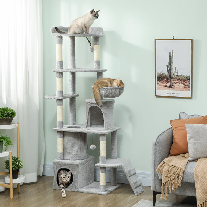 Large 170 cm Cat Tree Tower with Hammock Tunnel Condos and Scratching Posts Light Grey AOSOM