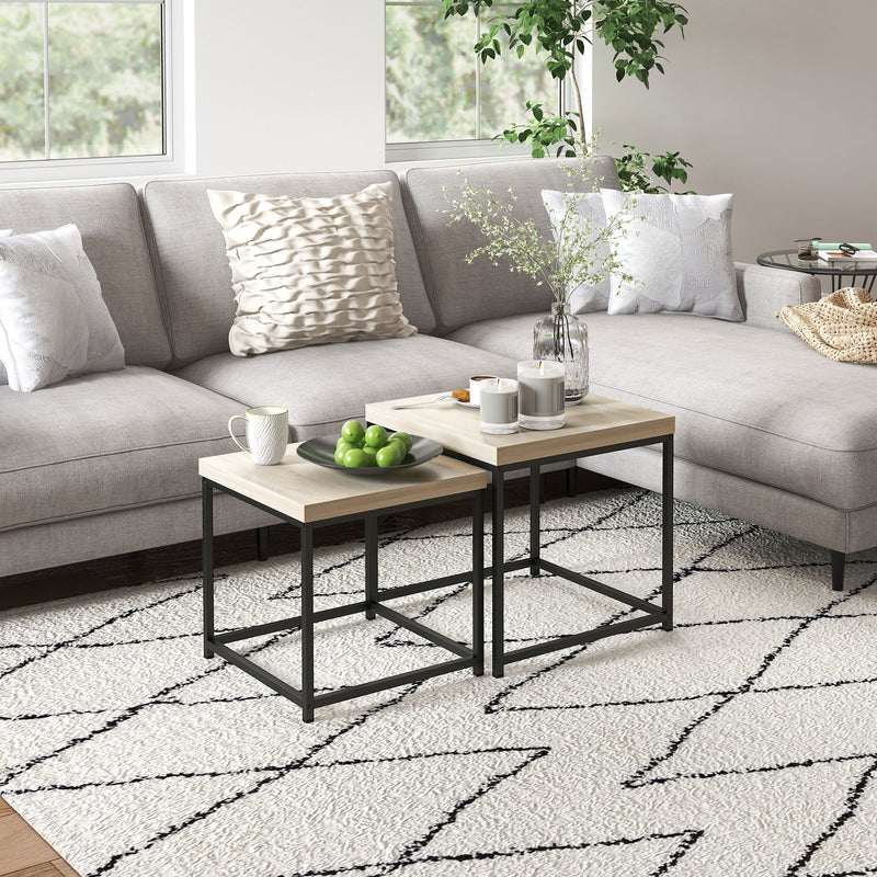 Set of 2 Oak Nesting Coffee Tables with 3.5cm Thick Tabletops by HOMCOM