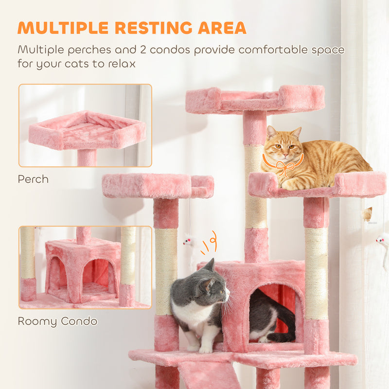 Pink Tall Cat Tree Tower With Scratching Posts And Hideaway For Indoor Cats