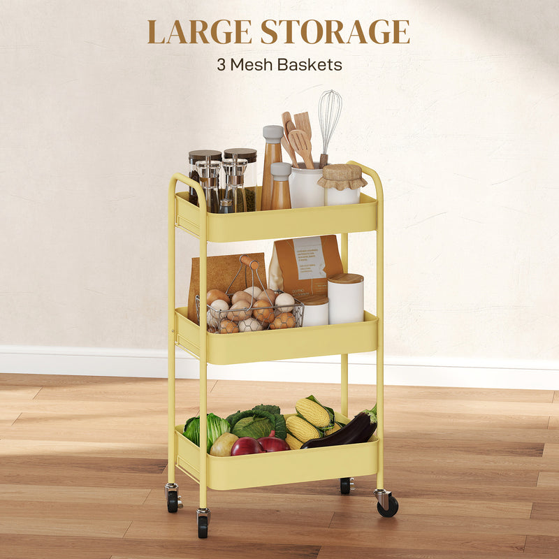 Three Tier Steel Storage Trolley With Wheels For Kitchen Or Office Use, Yellow
