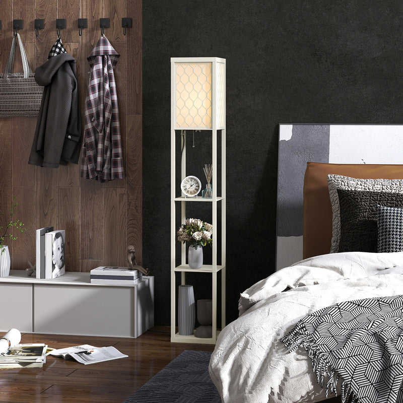 Three Shelf Standing Floor Lamp with Oak Frame and White Shade for Living Room by HOMCOM