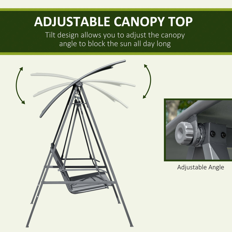 2 Seater Garden Swing Chair With Adjustable Canopy Shade And Metal Frame Dark Grey