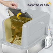 Stainless Steel Cat Litter Box with Scoop and Filter Bags for Large Cats Grey